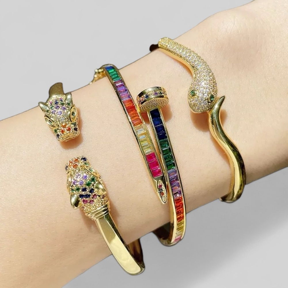 18k Gold Plated Stainless Steel AAA CZ Snake Bangle Bracelet Emerald Green Eyes - Picture 2 of 4